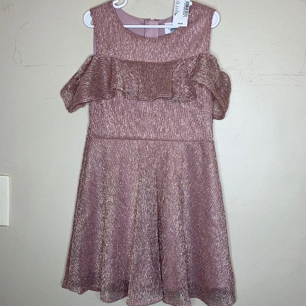 The Children's Place Girls Metallic Rose Gold Haze Cold Shoulder Dress Size 6